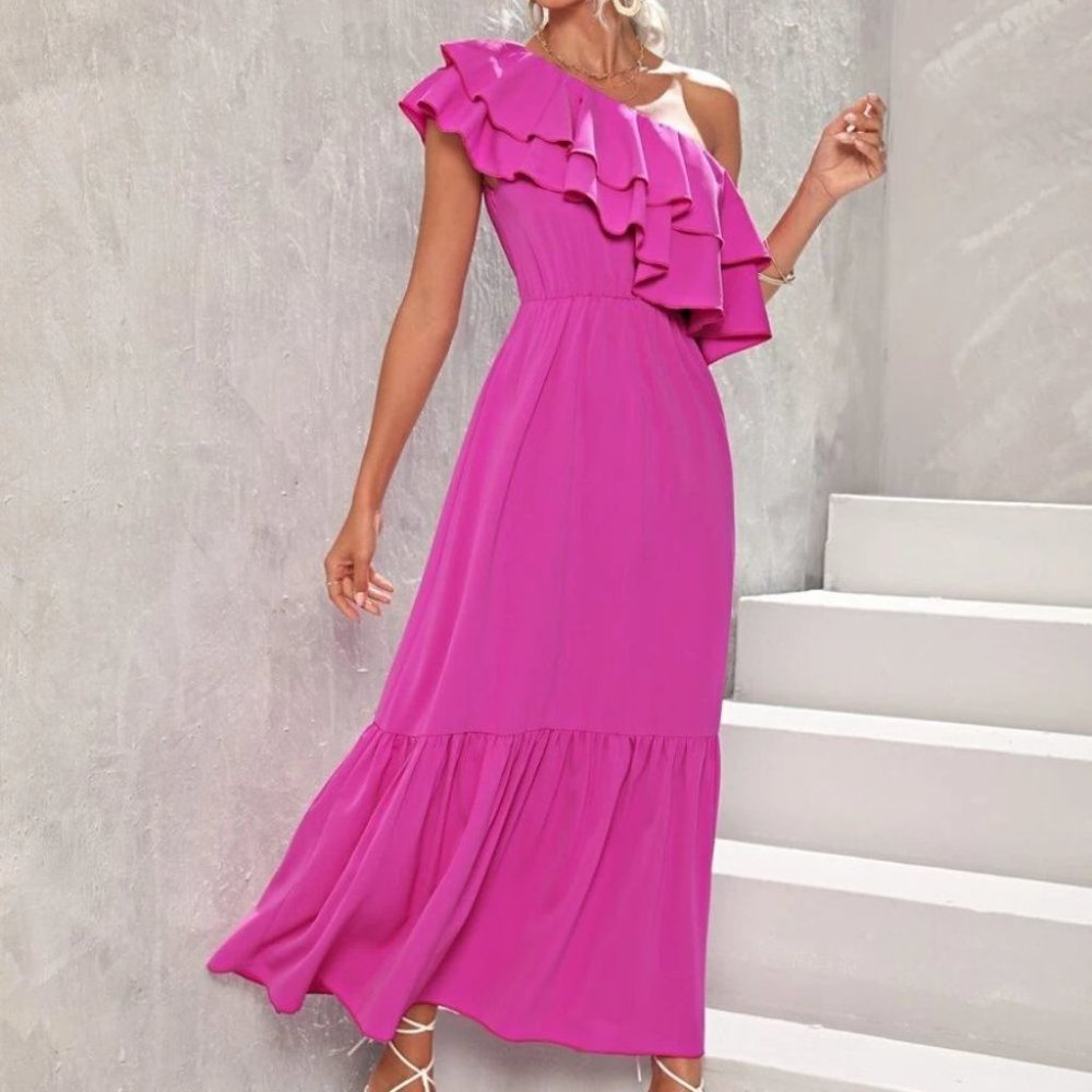 Stunning Pink Ruffled Detailed One Shoulder Maxi Dress - Picture 2 of 5